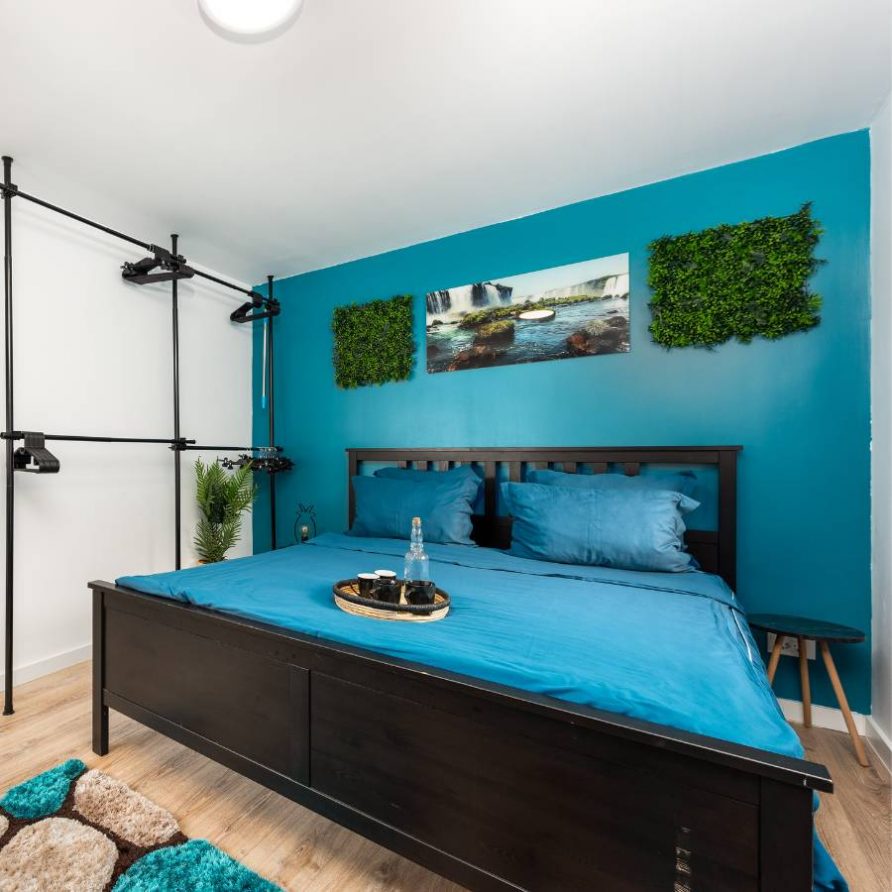 Pat King-Size cu Dressing in dormitorul albastru din Jungle Villa Brasov - FamilyStays