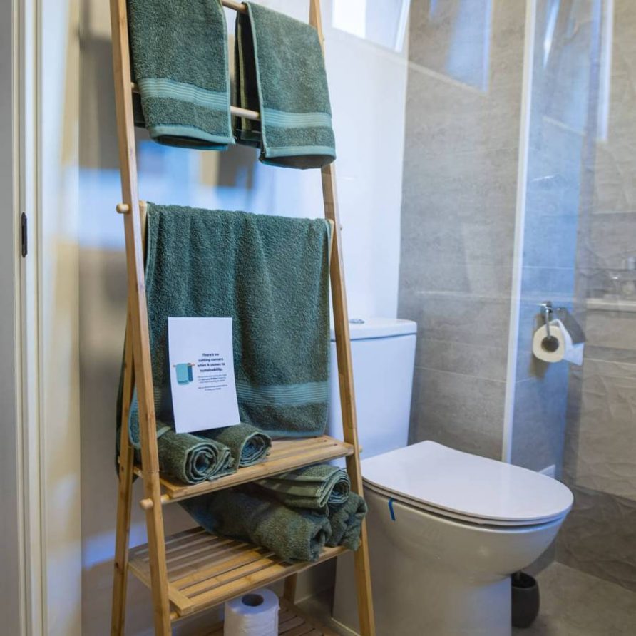 Prosoape si consumabile din baia comuna dormitor negru si verde din Jungle Villa Brasov - FamilyStays